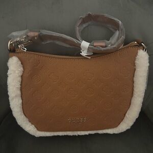 Guess Tan Brown Rust Shoulder Bag Pursewith White Trim Hobo Bag NWT Gold Accents